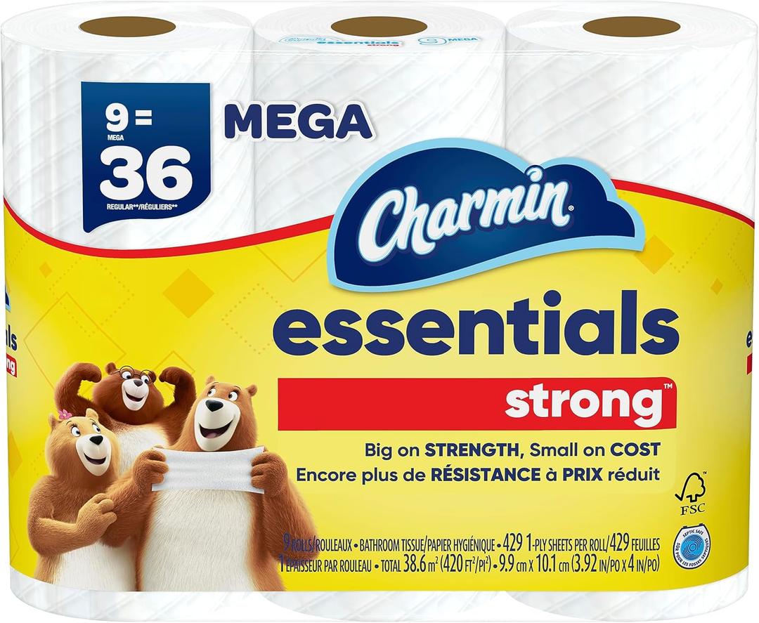 Charmin Essentials Strong Toilet Paper, 9 Mega Rolls = 36 Regular Rolls