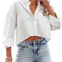 LAYOGAS Womens Crop Button Down Shirts Casual Long Sleeve Lapel Blouse with Chest Pocket Solid Color, Small