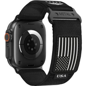 Rugged Nylon for Apple Watch Ultra 2 Band 49mm iWatch Bands 46mm 45mm 44mm 42mm Men,Soft Woven Adjustable Stars-Stripes Flag Wristbands Strap for Apple Watch Ultra Series 10/9/8/7/6/5/4/3/SE/Ultra2 (49/46/45/44/42(S3/2/1), 2-USA Flag-Black)