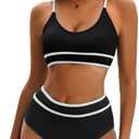 Century Star High Waisted Bikini Sets for Women Sporty Two Piece Swimsuit Ribbed Color Block Bathing Suit Extra Large,  Black  And White 