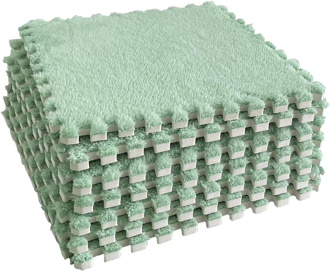 12 pcs Shaggy Soft EVA Foam Interlocking Carpet Fluffy Rugs Protective Floor Tiles Sport Play mats for Home Parlor, Bedroom, Children Kids Room (Mint Green)