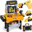 Lehoo Castle Kids Tool Bench with Electric Drill and Construction Vehicles, 2-in-1 Workbench and Toolbox for Toddlers, STEM Learning Toys for Age 3-5, Birthday Gift for Boys & Girls