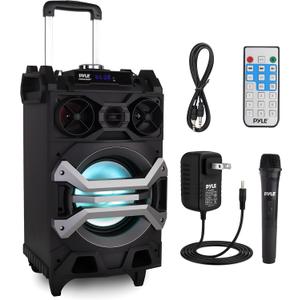 Pyle 500 Watt Portable BT Connectivity Karaoke Speaker System - PA Stereo with 8" Subwoofer, DJ Lights Rechargeable Battery Microphone, Recording Ability, MP3/USB/SD/FM Radio - PWMA325BT