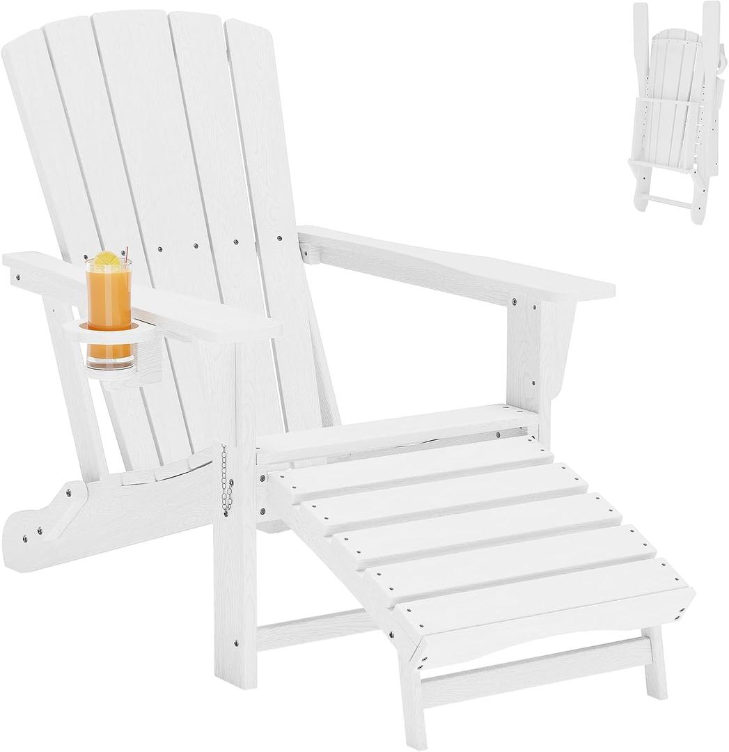 Folding Adirondack Chair with Retractable Ottoman,HDPE Outdoor Adirondack Chair with Cup Holder,All-Weather Lounge Chairs for Outside,Patio,Pool,Fire Pit,White