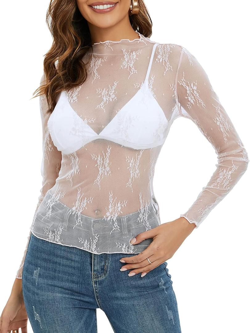 MEROKEETY Womens Mesh Sheer Lace Long Sleeve Tops 2026 See Through Mock Neck Shirt Fashion Blouses Date Night Outfit Clothes (White, S)