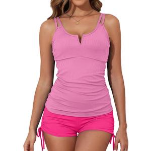 Aleumdr Women's Two Piece Tankini Swimsuit Tummy Control Bathing Suit V Neck Swim Tank Top with Boy shorts (Medium, Color Block Pink)
