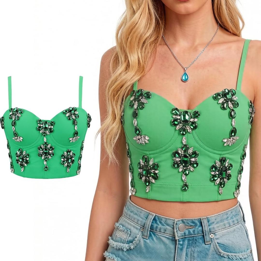 Women's Sexy Rhinestone Bead Bustier Crop Top Club Party Glitter Corset Top Bra (Medium, Green)