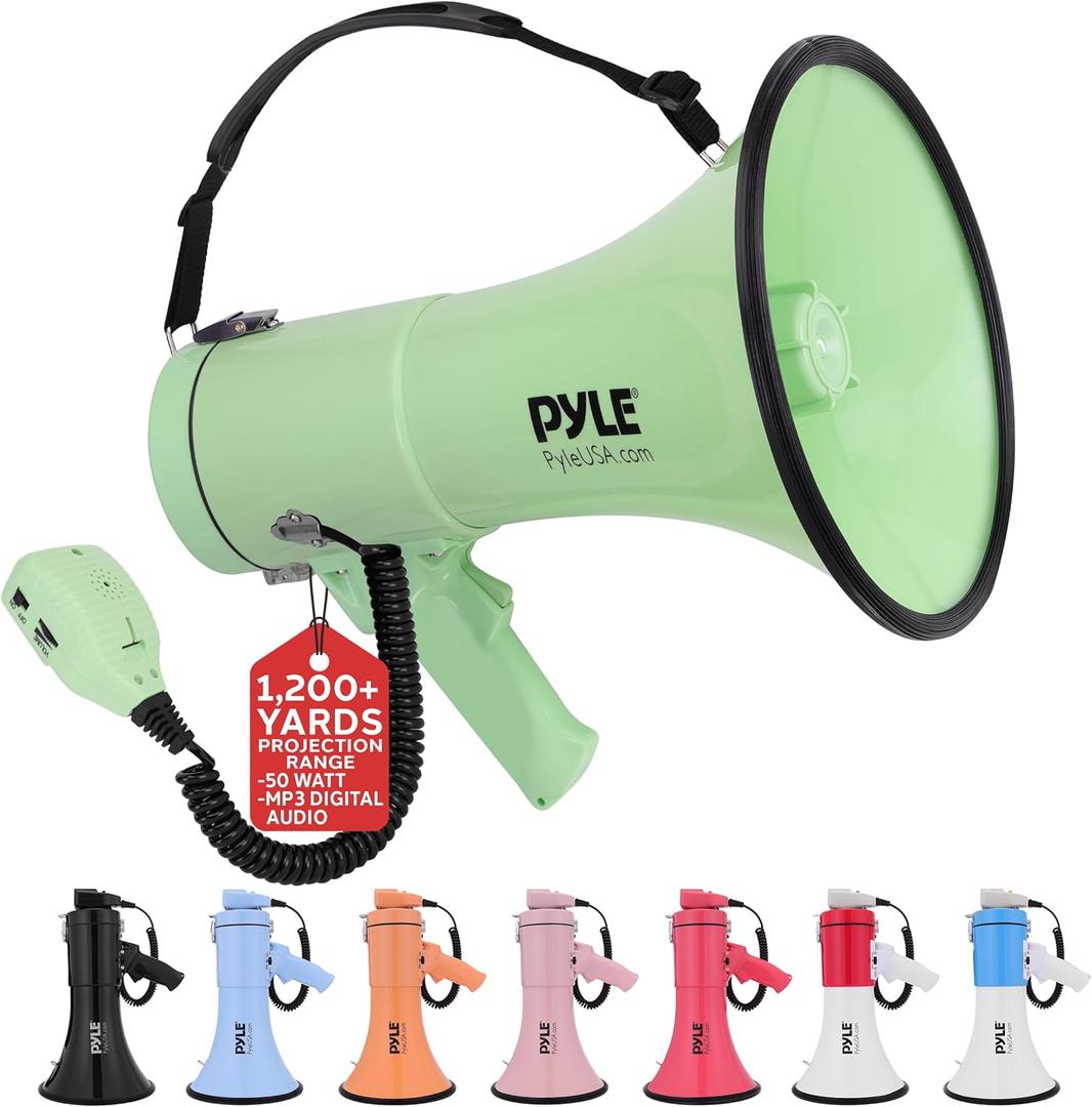 Pyle 50W Megaphone Bullhorn - Portable, Automatic Siren & Adjustable Volume, Projection Range Up to 1200 Square Yards, Aux Input, Talk, Siren, Music, Whistle, & Record, Shoulder Strap (Black) (Green)