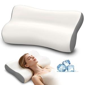 Polovo Cervical Neck Pillow - Ergonomic Side Sleeper Pillow for Pain Relief, Contour Memory Foam Pillows for Deep Sleep, Orthopedic Cooling Pillow Bed Pillow for Side Back Stomach Sleepers(White&Grey)