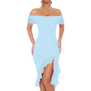 BORIFLORS Women's Sexy Off The Shoulder Bodycon Midi Dresses Elegant Ruched Ruffle Hem Cocktail Party Dress, S (Baby Blue)