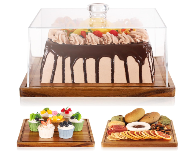 Square Cake Stand with Lid，11in Acacia Wood Cake Stand with Dome ，Dessert Display Stand with Acrylic Cover for Cheese Pie, Chips & Dips ，Serving Platter with Cover for Kitchen/Party/Wedding/Birthday