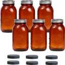 6 Pack 32 oz Amber Mason Jars, Regular Mouth Mason Jars with Lids and Bands and 6 Black Plastic Mason Jar Lids