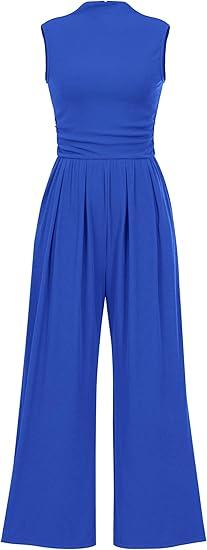 PRETTYGARDEN Womens Summer Jumpsuits Dressy Casual One Piece Outfits Sleeveless Mock Neck Wide Leg Pants Rompers with Pockets, M