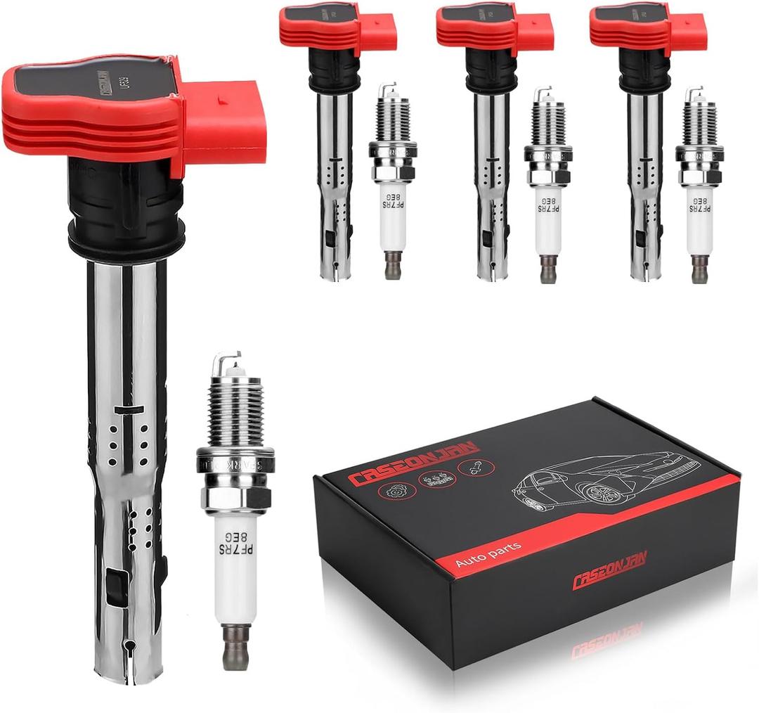 Ignition Coil Pack UF529 and Iridium Spark Plugs, Compatible with Volkswagen Audi A3 A4 A5 A6 A7 A8-3.0L 3.2L 4.2L 5.2L Q5 Q7 R8 S4 S5 TT MK6 Golf Passat CC for 06E905115F UF529, Set of 4