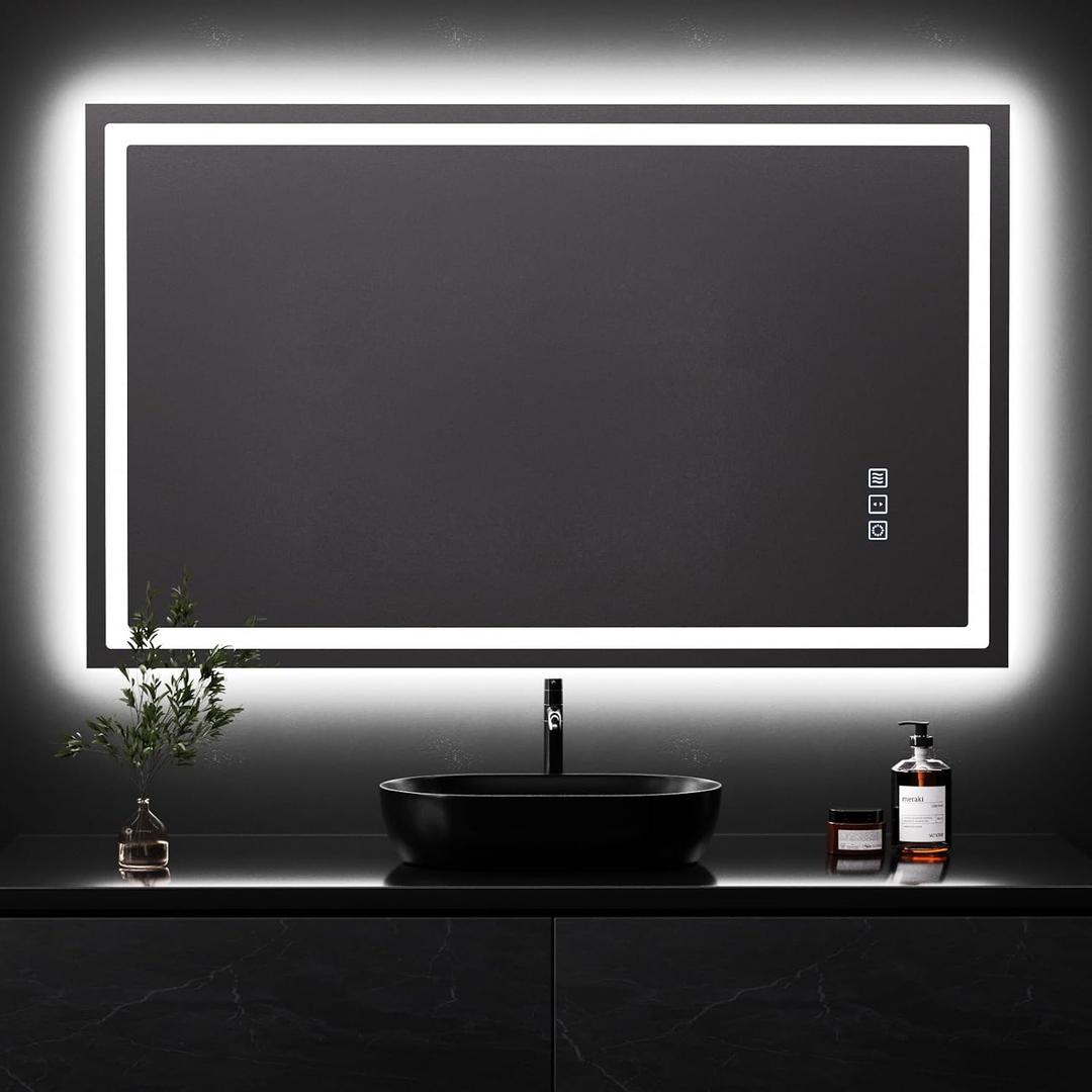 QAOYEDE 36x22 Inch LED Bathroom Mirror with Lights, Wall Mounted Bathroom Vanity Mirror, Front and Backlit, Anti-Fog Dimmable, Memory, 3 Colors, Shatter-Proof, IP54 Waterproof, Horizontal/Vertical