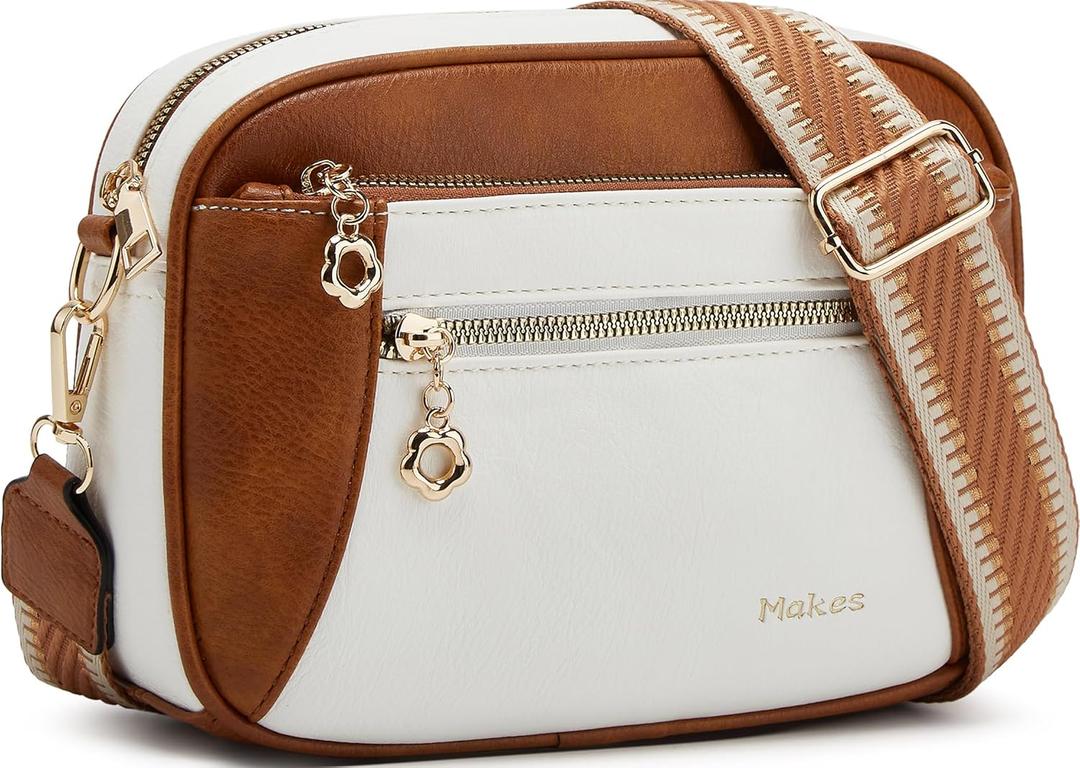 Crossbody Purse for Women Small Crossbody Bags Trendy Vegan Leather with Adjustable Shoulder Straps Gift for Mother Wife Mom (Brown With Beige Minimalism)