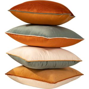 Plaid Pillow Covers 18x18 Inch Set of 4 Soft Velvet Decorative Throw Pillow Covers Square Cushion Case Solid Cushion Covers Modern Double-Colored pillowcases for Home Couch Decoration Orange/Teal