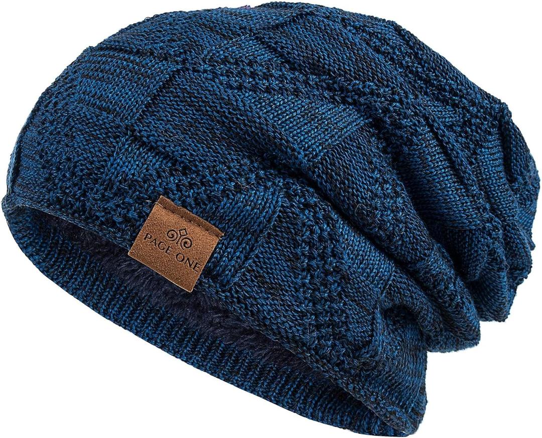PAGE ONE Mens Winter Slouchy Beanie Warm Fleece Lined Skull Cap Baggy Cable Knit Hat (Blue)