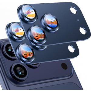 Uyiton Compatible with iPhone 17 Pro Camera Lens Protector - [Not Easy to Break][Strong Adsorption][Case-Friendly] Metal Tempered Glass Rear Camera Screen Cover - Deep Blue, 2 Packs