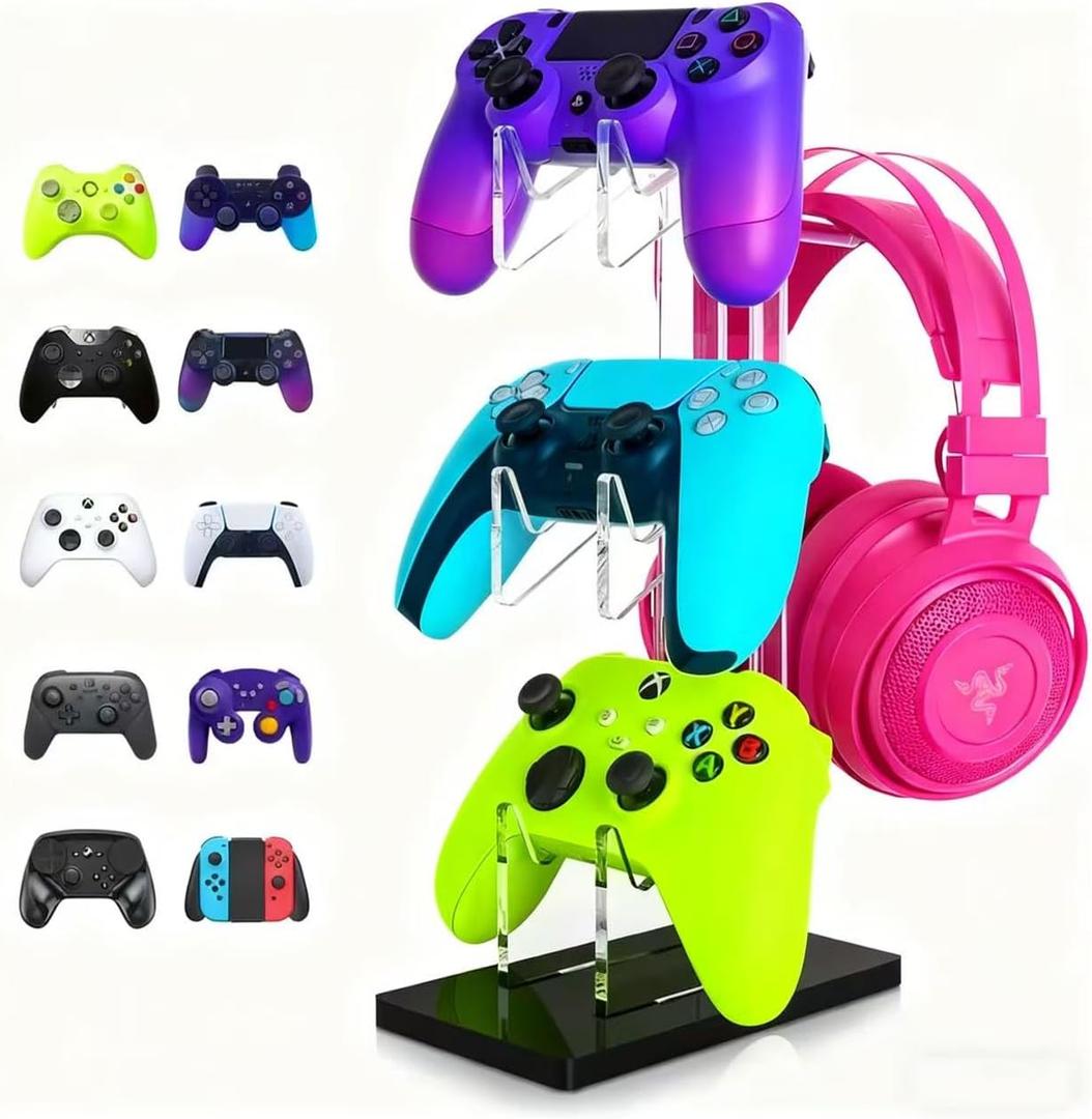 Controller Stand 3 Tiers, Universal Controller Holder Headphone Stand, Headset Holder, Acrylic Controller Display Stand Compatible with Xbox, PS5, PS4, Nintendo Switch - Ideal Desk Mount for Gamers