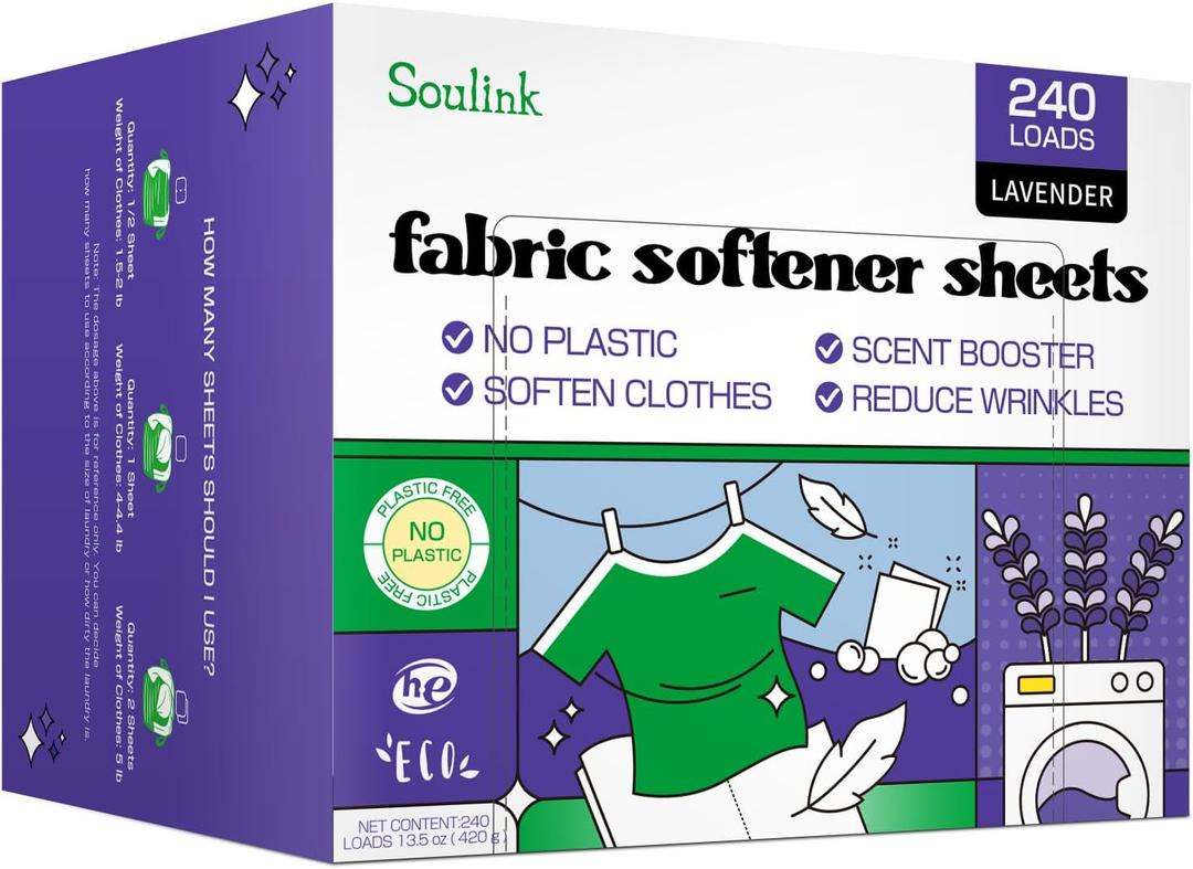 Soulink Fabric Softener Sheets for Washing Machine, No Plastic Jug Soap Strips, Alternative to Fabric Softener Liquid and Pods, Lavender Scent, Up to 240 Loads