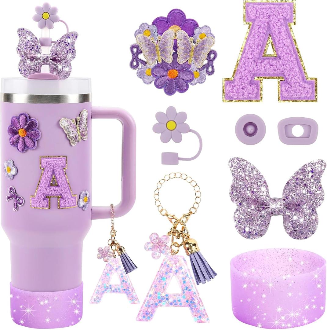 2 x 17PCS Cup Accessories Set for Stanley Cup 30oz 40oz Tumbler with Handle, Including Silicone Straw Cover and Boot, Spill Proof Stopper, Stanley Charms, Embroidery Stickers, Handle Charm (Letter A)