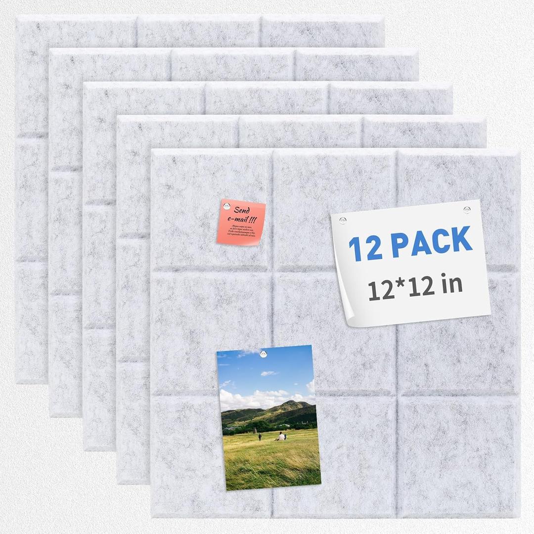 Smarpau Cork Board 48"X36", 12 Pack Nine-Grid Felt Bulletin Boards, Small Pin Board with Removable Adhesive Tabs Pushpins, Cork Wall Tiles for Office Home Classroom Decor -Grey