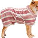 Fast Drying Dog Bath Robe, Super Absorbent Stripes Dogs Towel, Adjustable Warm Keeping Pet Puppy Bath Supplies (Red, L)
