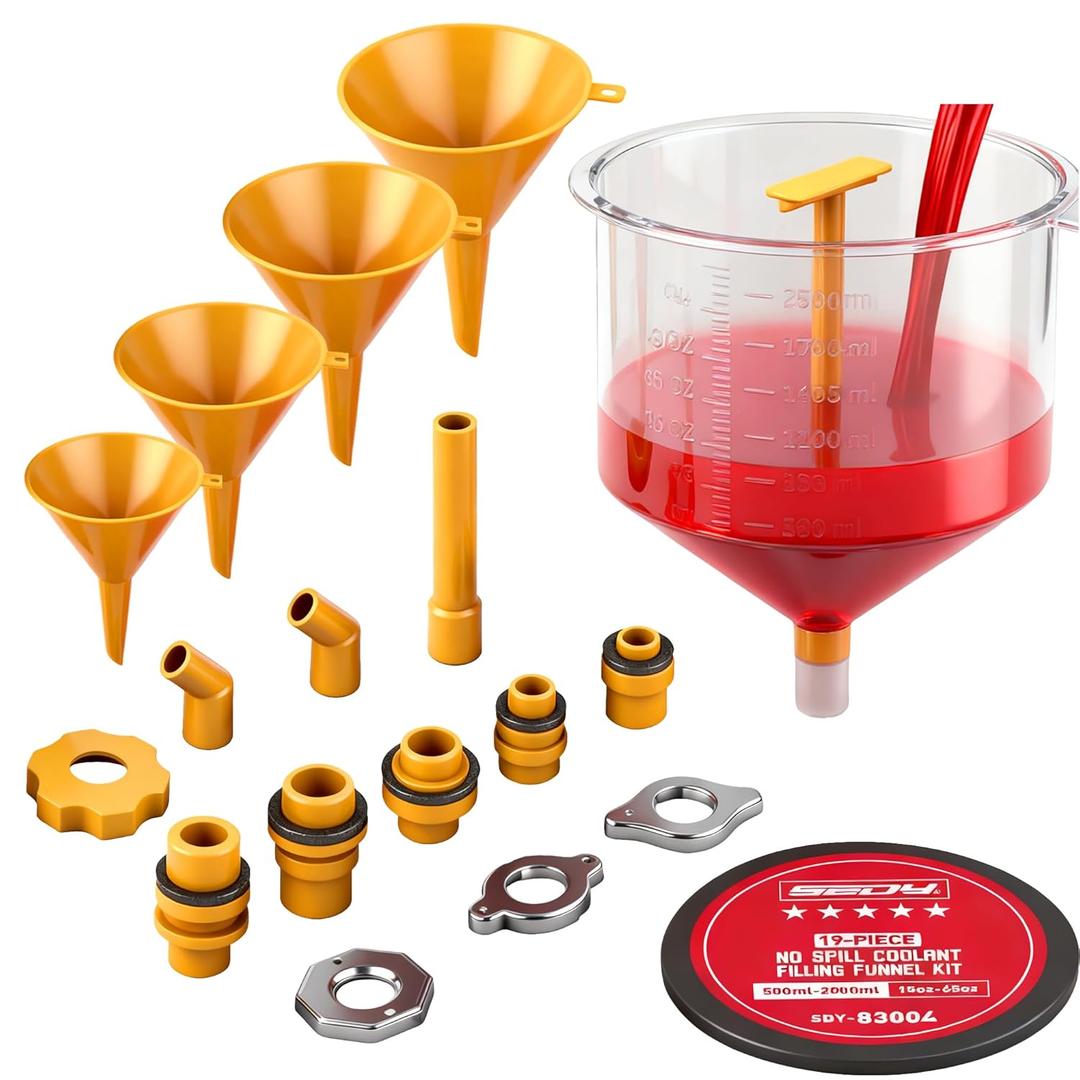 Ultimate No Spill Coolant Funnel Kit - 19-Piece Spill-Free Radiator Funnel Set, Spill Proof Radiator Bleeder Kit, Coolant Filling, Radiator Filler, Extra Funnels and Adapters for Universal Vehicle
