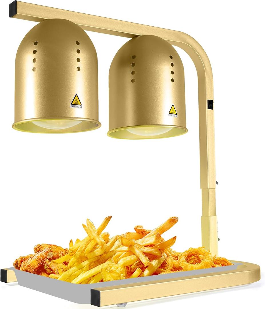 Heat Lamp for Food, with Two 250W Bulbs for Fast and Even Heating, Food Heat Lamp with Adjustable Height Stand, Commercial Food Warmer Lamp for Home, Fast Food Restaurant, Buffet, Bakery, Gold