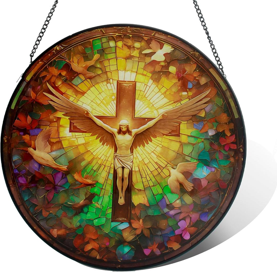 Stained glass Jesus cross,7.8-inch sun catcher,Christian stained glass window decoration,Religious home dcor,Special Christian gift for your wife,mother,friends for Christmas and Thanksgiving
