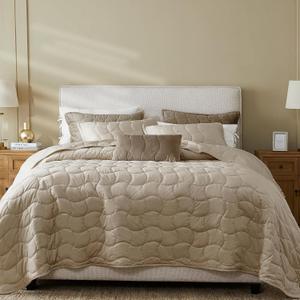 Beige Velvet Quilt Set Queen Size, Lightweight Luxury Crushed Corduroy Comforter, Soft Warm Bedding, Neutral Taupe Vintage Bedspread Coverlet with 2 Pillow Shams for All Season, 3 Pieces, 90x96 inches