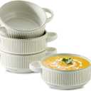 Soup Bowls with Handles, 23 oz French Onion Soup Crocks, Stackable Soup Bowl Oven Safe for Chili, Beef Stew, Embossment Ceramic Bowl Set - 5.4 Inch, Set of 4,Blue (White)