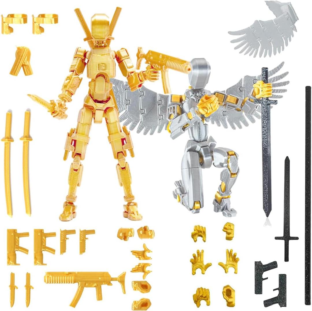 T13 3D Action Figure Set (Assembly Completed), 3D Printed Multi-Jointed, Titan 13 Action Figures, Multi-Articular Lucky Mobile Robot Nova T-13, Desktop Decorations for Game Lovers Toys (Gold/Silver)