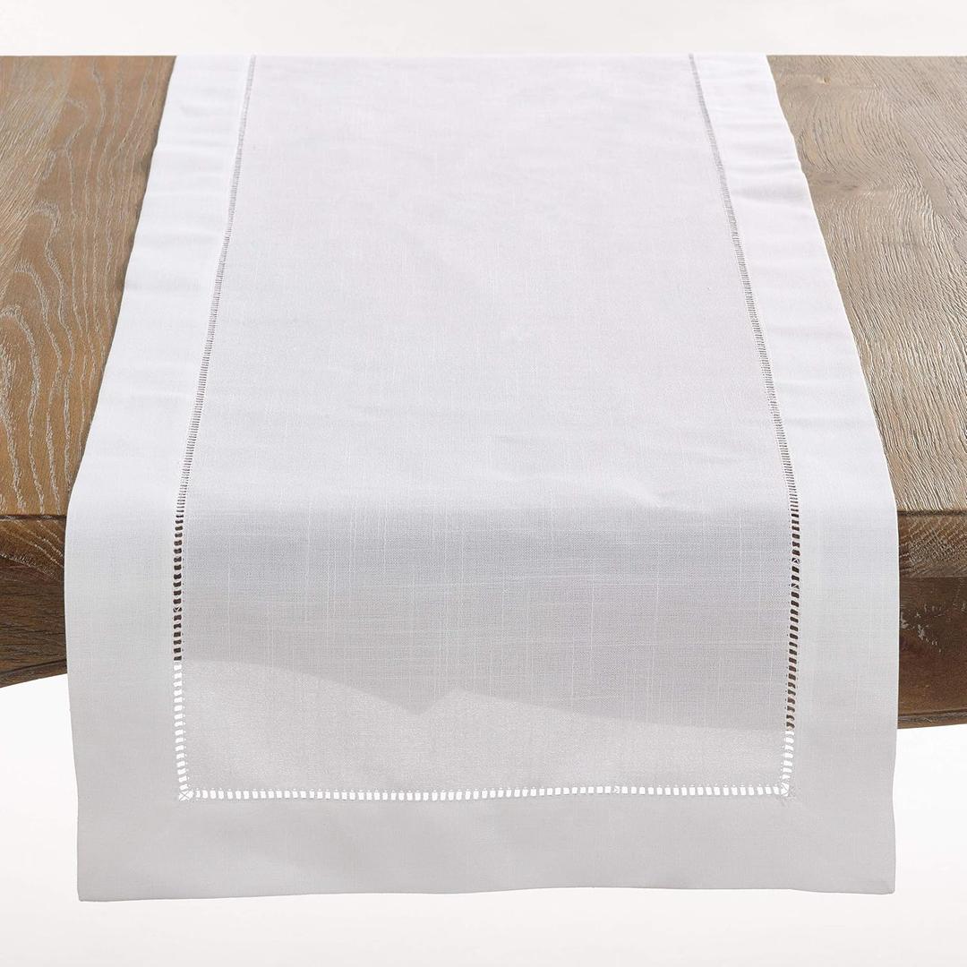 Saro Lifestyle Hemstitched Border Table Runner, White, 16"x120"