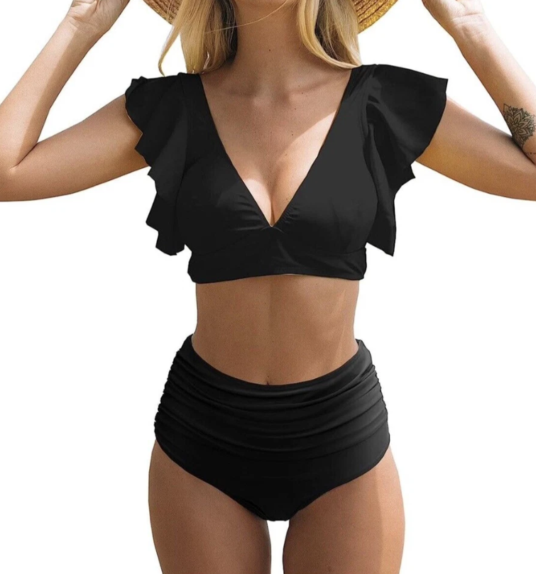 SPORLIKE Women Ruffle High Waist Swimsuit Two Pieces Push Up Black Bikini M