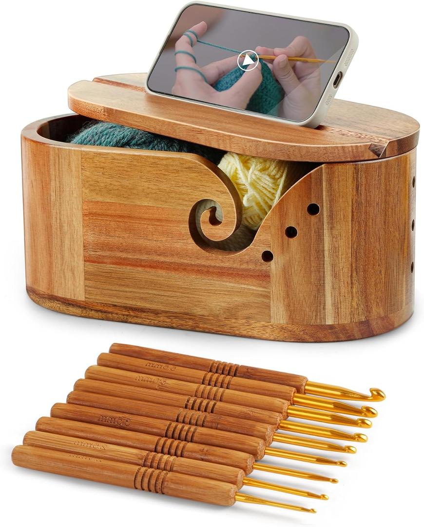 Oval Yarn Bowl, Crochet Yarn Holder with 9pcs Knitting Hooks, Yarn Storage Crochet Bowl Knitting Gift for Crocheters, Large Yarn Bowl Acacia Wooden 11.3x5.9x4.7inch (Acacia Yarn Bowl with Lid)