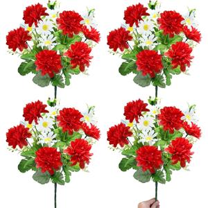 TURNMEON 48 Heads Artificial Flowers for Outdoors, 4 Bunches 17 Inch Dahlia Daisies Mum Fake Flowers UV Resistant Faux Plants Bouquets for Outside Grave Gardens Indoor Home Summer Decor (Red)