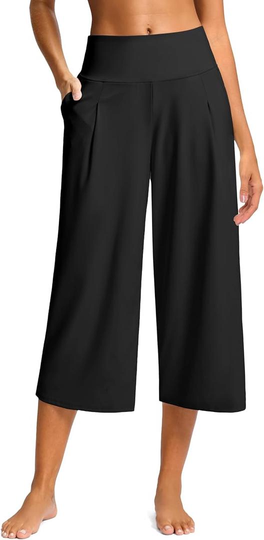 SANTINY Capri Pants for Women Wide Leg Yoga Casual Cropped Pants with Pockets Loose Tummy Control High Waist Capris L
