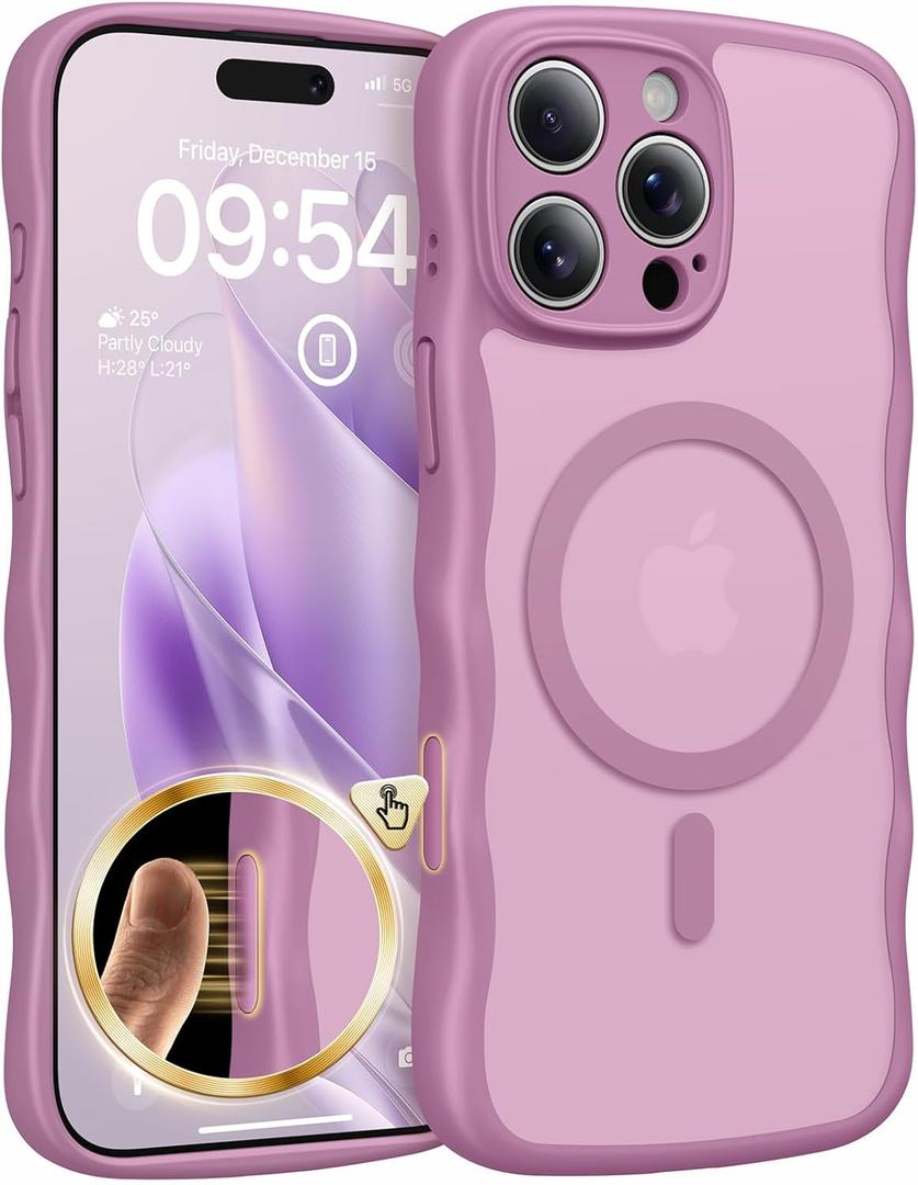 TAURI Magnetic for iPhone 16 Pro Case, Cute Wavy Design [Full Camera Protection] [Compatible with Magsafe] Anti-Slip Translucent Matte Case for iPhone 16 Pro for Women Girls, Black Currant