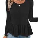 Women's Casual Crewneck Long Sleeve Ruffle Hem Peplum Babydoll T-Shirt Tee Top (Medium, Black)