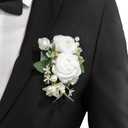 Ling's moment Pocket Boutonniere Single, Boutonniere for Men Groom for Wedding, Prom, Homecoming, Anniversary, Graduation, etc.White Ranunculus Ivory, 6" W x 5" H