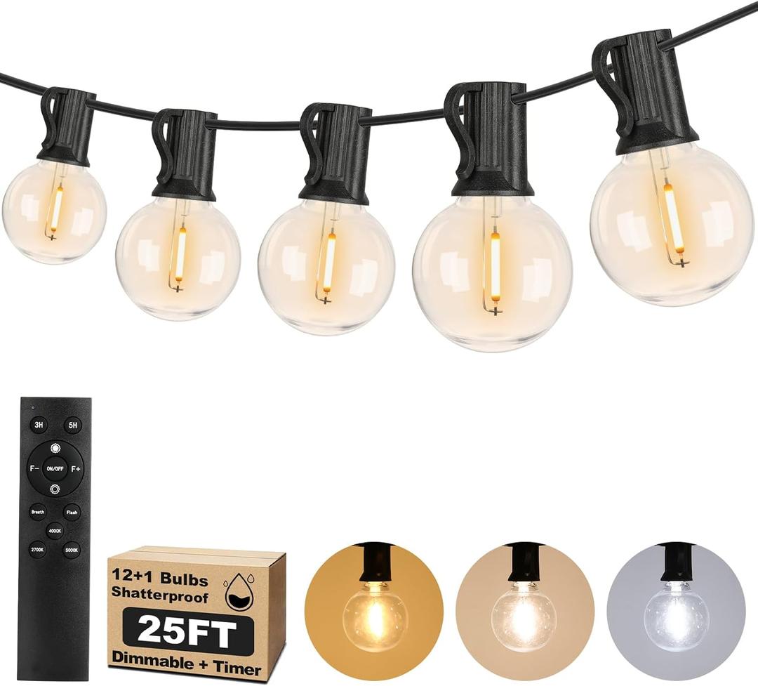 25FT LED Outdoor String Lights with 3 Color Lights, Dimmable String Lights for Outside with Remote, G40 Globe Waterproof Patio Lights with 12+1 Shatterproof Bulbs for Party Backyard BBQ House Camping (Black)