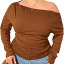 Women's Plus Size Off Shoulder Ruched Tops Long Sleeve Slim Fit Tee Shirts Elegant Basic Top (XX-Large Plus, Brown)