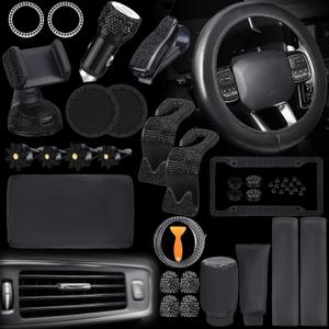 46 Pcs Bling Car Accessories Set for Women Leather Steering Wheel Cover Seat Belt Covers Diamond Rings Sticker Rhinestone Cup Holders USB Adapter Flower Air Vent Clip (Black)