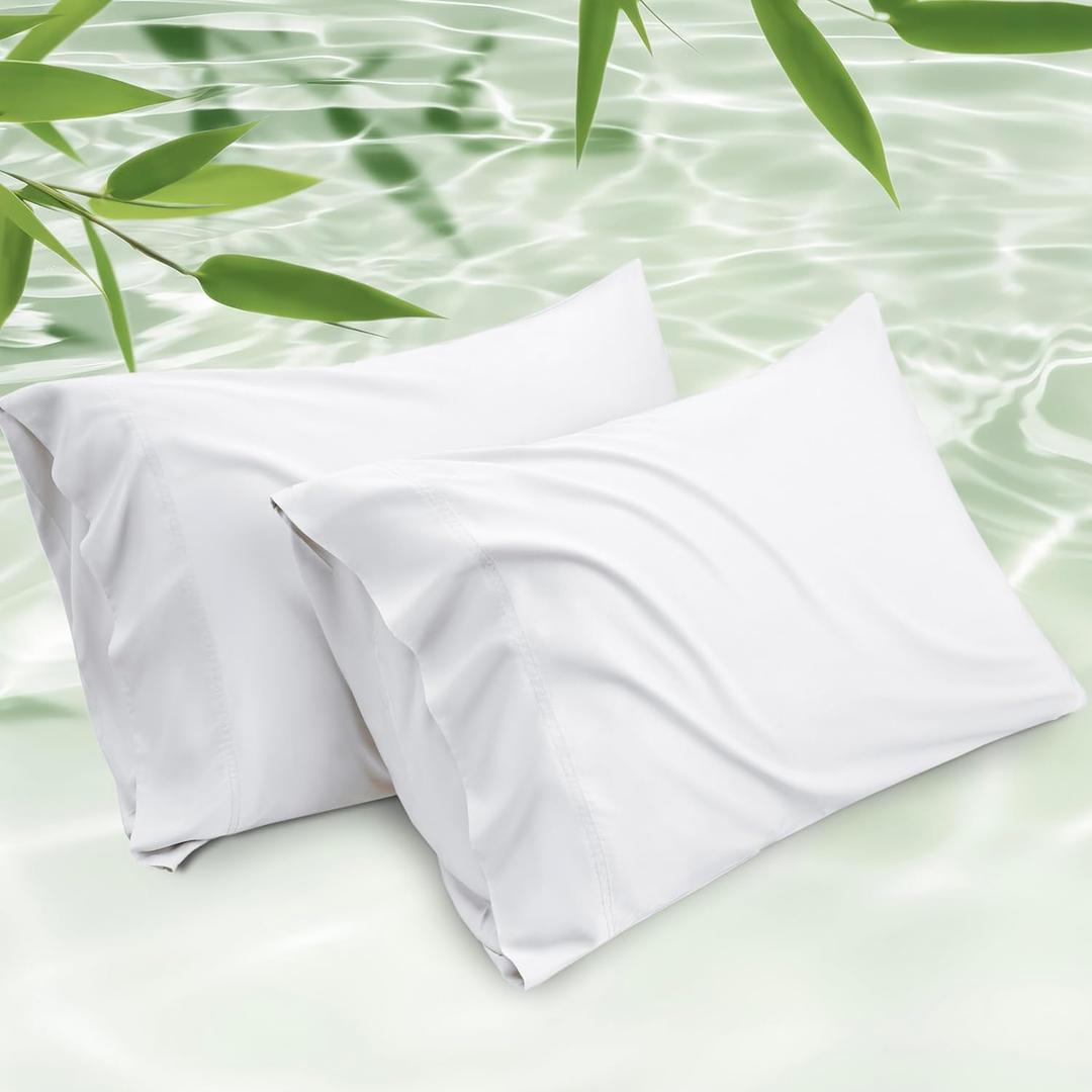 Bedsure Cooling Pillow Cases Standard Size Set of 2, Rayon Derived from Bamboo Cooling Pillowcase for Hot Sleepers, Cool Pillow Covers with Envelope Closure for Women, Men, White, 20x26 Inches