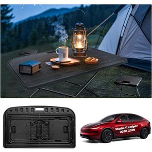 for Tesla Camping Portable Table Model Y Juniper 2020-2026 Trunk Folding Table with 2 Pack Chair Model Y Accessories Outdoor Collapsible Fold up Desk Travel Hiking Picnic BBQ Fishing Beach, 21 inches x 34 inches x 21 inches