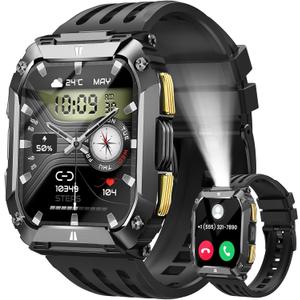 Smart Watches for Men, 1.95'' Mens Military Smart Watch for Android & iPhone, Waterproof Fitness Tracker Watch with Flashlight/100 Days Battery Life/Call/Heart Rate Sleep Monitor/100+ Sport Modes