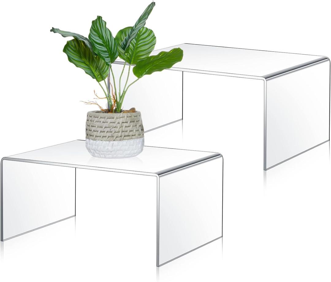 RattanView 2 Pcs 10.5 Inch Large Acrylic Risers Display Stands 5 mm Thick Acrylic Shelf Riser Showcase for Collectibles Jewelry Cupcakes Food Figures Perfume Cabinet (Clear)