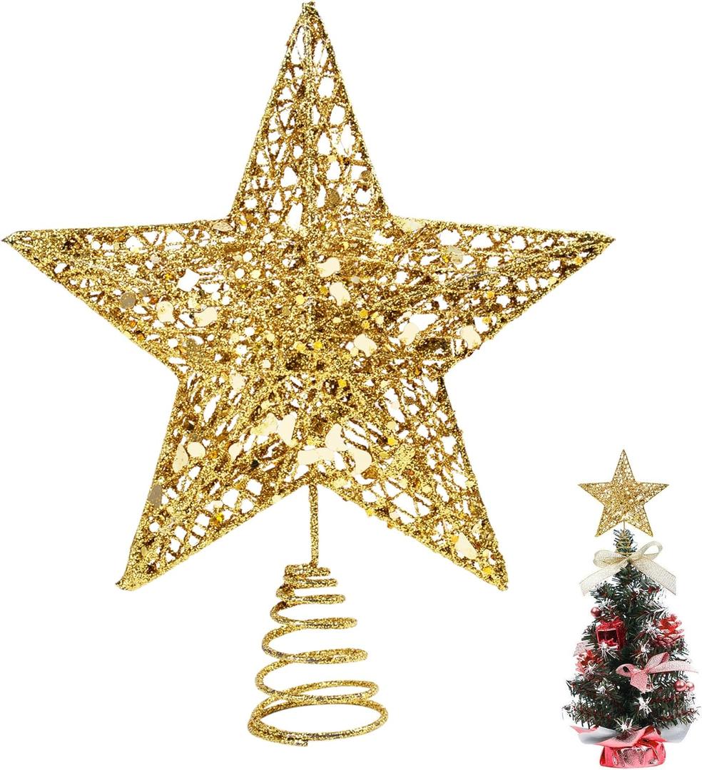 6 Inch Christmas Tree Topper Mini Gold Star Small Christmas Tree Star Metal Glitter Xmas Trees Topper for 3 4 ft Trees Pencil Decorations
